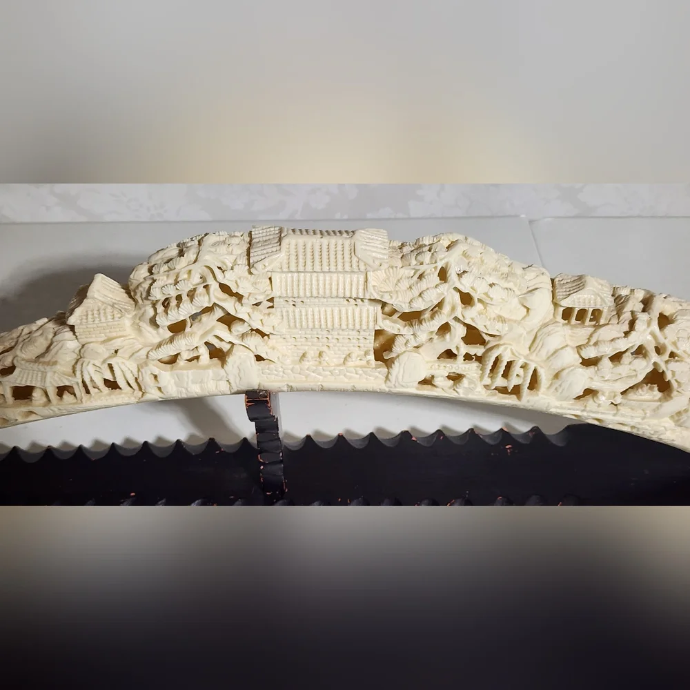 Vintage 31" Chinese Faux Ivory Carved Tusk Landscape Pagodas Mid-Century - Picture 6 of 16